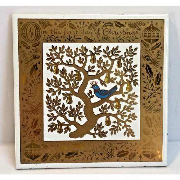 Vintage Berggren Tile Trivet First Day Of Christmas Partridge Pear MCM Gold Blue - Picture 1 of 5